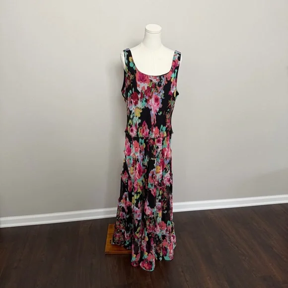 Vintage Jones Studio Dress Abstract Floral Tiered Drop Waist Art To Wear Black - Picture 1 of 10